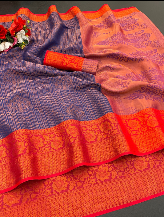 Beautiful and Elegant Banarasi Jacquard Weaving Silk Saree-Blue